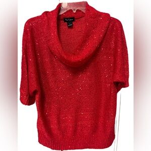 Nue Options Sparkling Sequin Red Cowl Neck Sweater with short sleeves